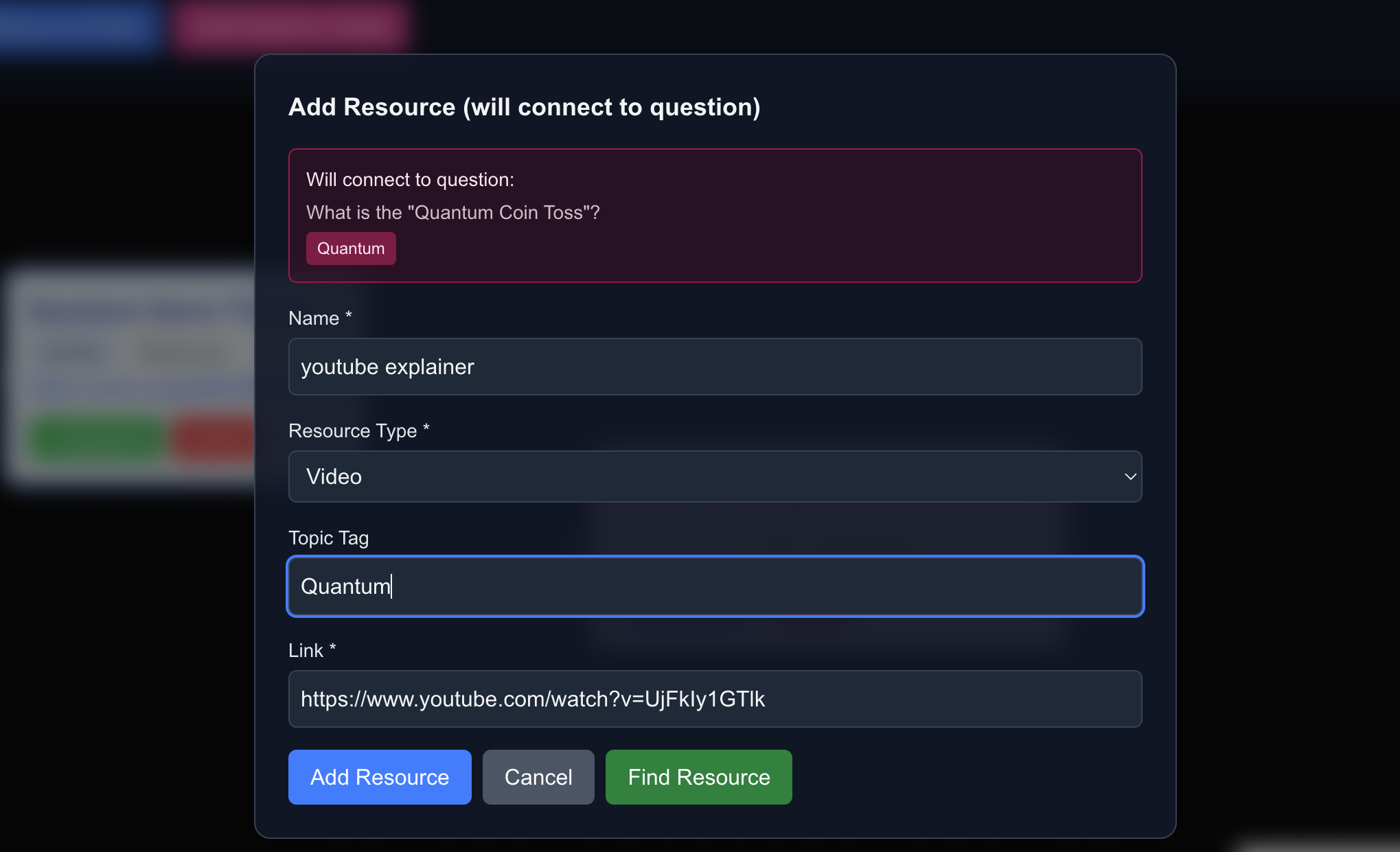 Add Resource modal connecting a resource to a question
